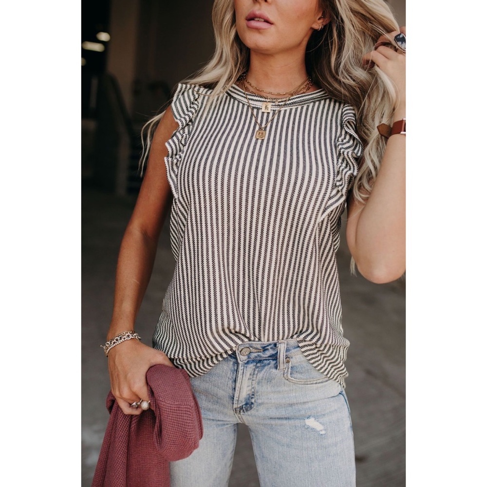 “NWT” Gray Crew Neck Ruffled Striped Tank Top